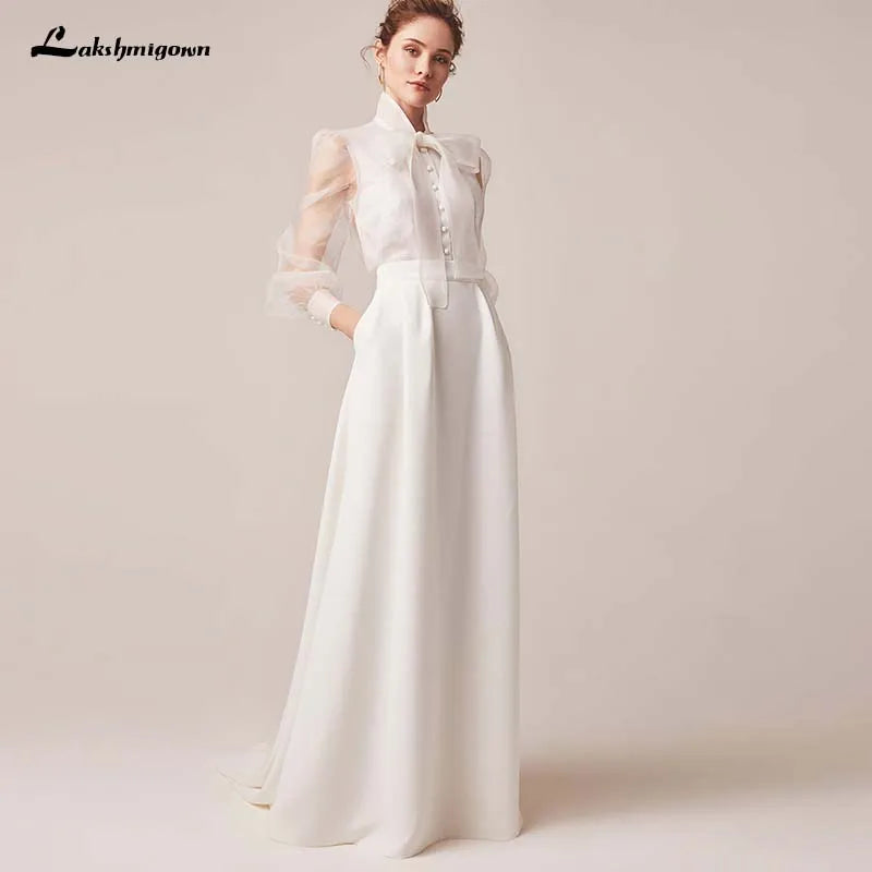 Vintage Ivory Bridal Wedding Gowns Satin Long Sleeves Illusion Jewel Neck Bridal Dresses