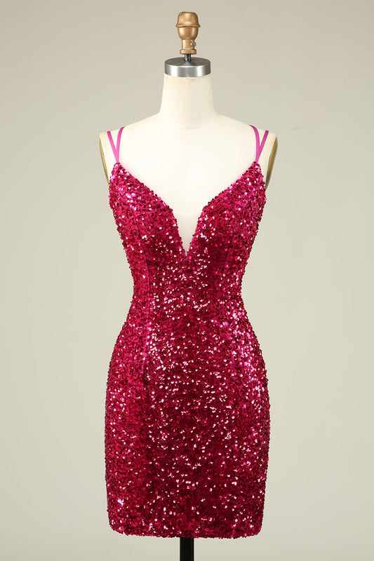 Stylish Fuchsia Spaghetti Straps Tight Homecoming Dress with Sequins