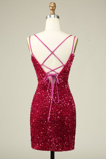 Stylish Fuchsia Spaghetti Straps Tight Homecoming Dress with Sequins