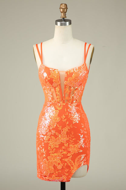 Gorgeous Orange Spaghetti Straps Tight Glittler Corset Homecoming Dress with Lace Up Back