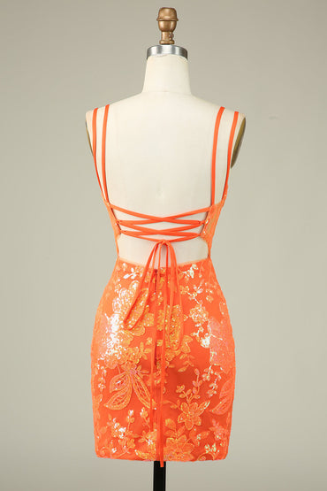 Gorgeous Orange Spaghetti Straps Tight Glittler Corset Homecoming Dress with Lace Up Back