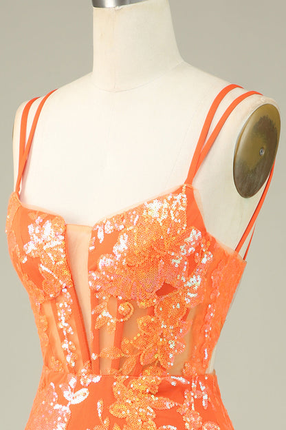 Gorgeous Orange Spaghetti Straps Tight Glittler Corset Homecoming Dress with Lace Up Back