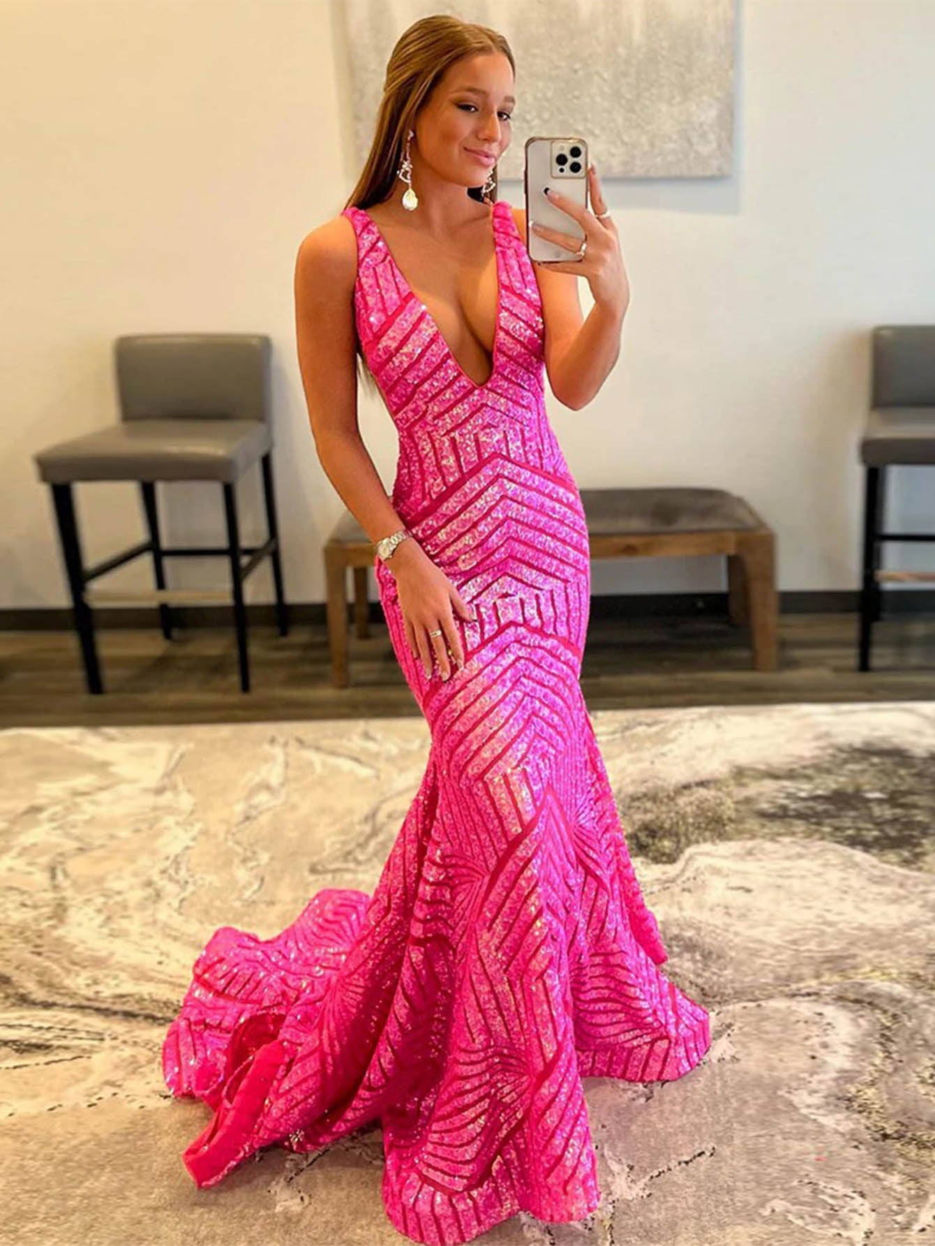 Roycebridal Nina |Deep V Neck Pink Sequins Mermaid Long Prom Dress