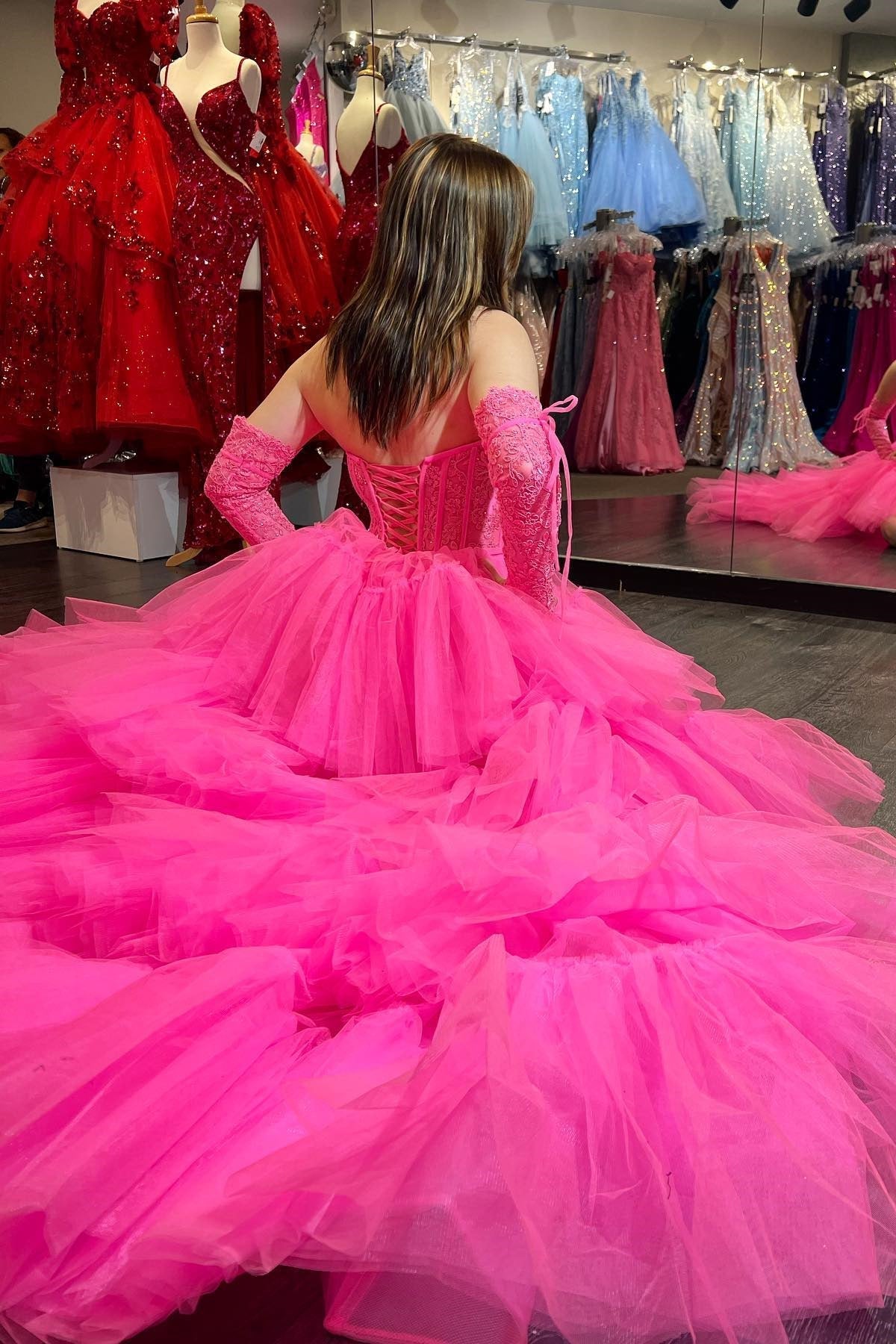 Roycebridal Sue | Hot Pink Off-Shoulder A-line Tulle Layers Applique Hi-Low Prom Dress