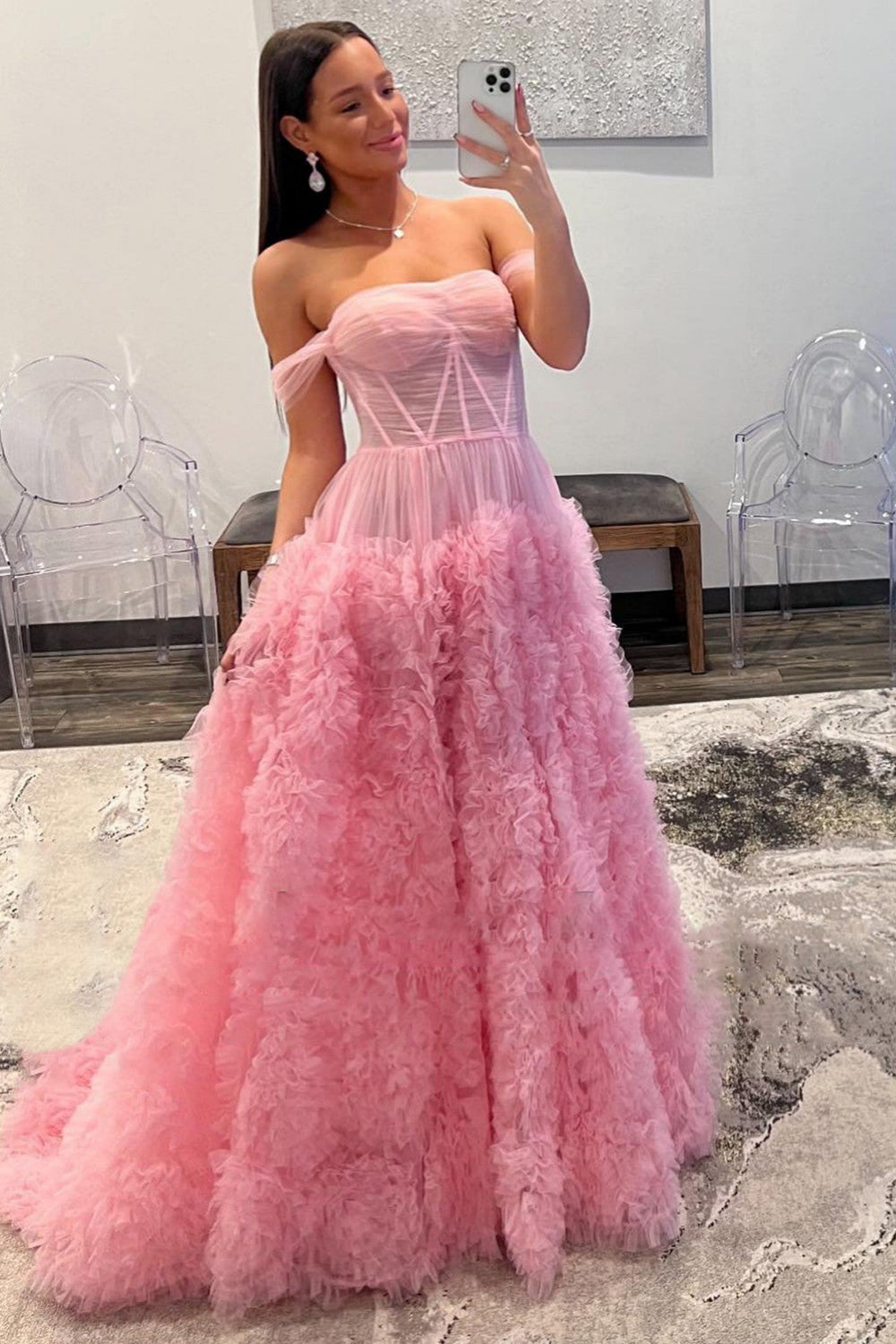 Roycebridal Kenia |A Line Off the Shoulder Ruffled Tulle Prom Dress with Slit