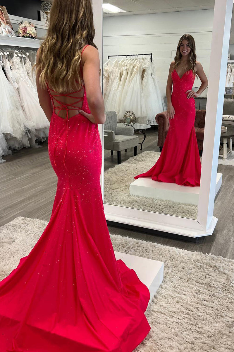 Roycebridal Lilly |Sparkly Mermaid V Neck Beaded Satin Long Prom Dress