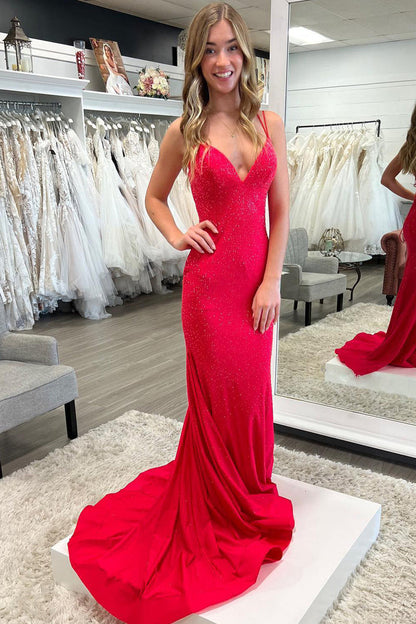 Roycebridal Lilly |Sparkly Mermaid V Neck Beaded Satin Long Prom Dress