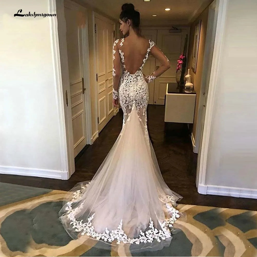 Roycebridal Long Sleeves Lace Mermaid Wedding Dress Scoop Gelinlik Vestido De Noiva Court Train White Long Bride Dresses trouwjurk