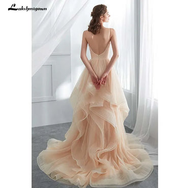 Roycebridal Romantic Spaghetti Straps Champagne Puffy Long Ruffled Soft Tulle Ball Gown Wedding Dress Bridal Dresses Vestido De Noiva