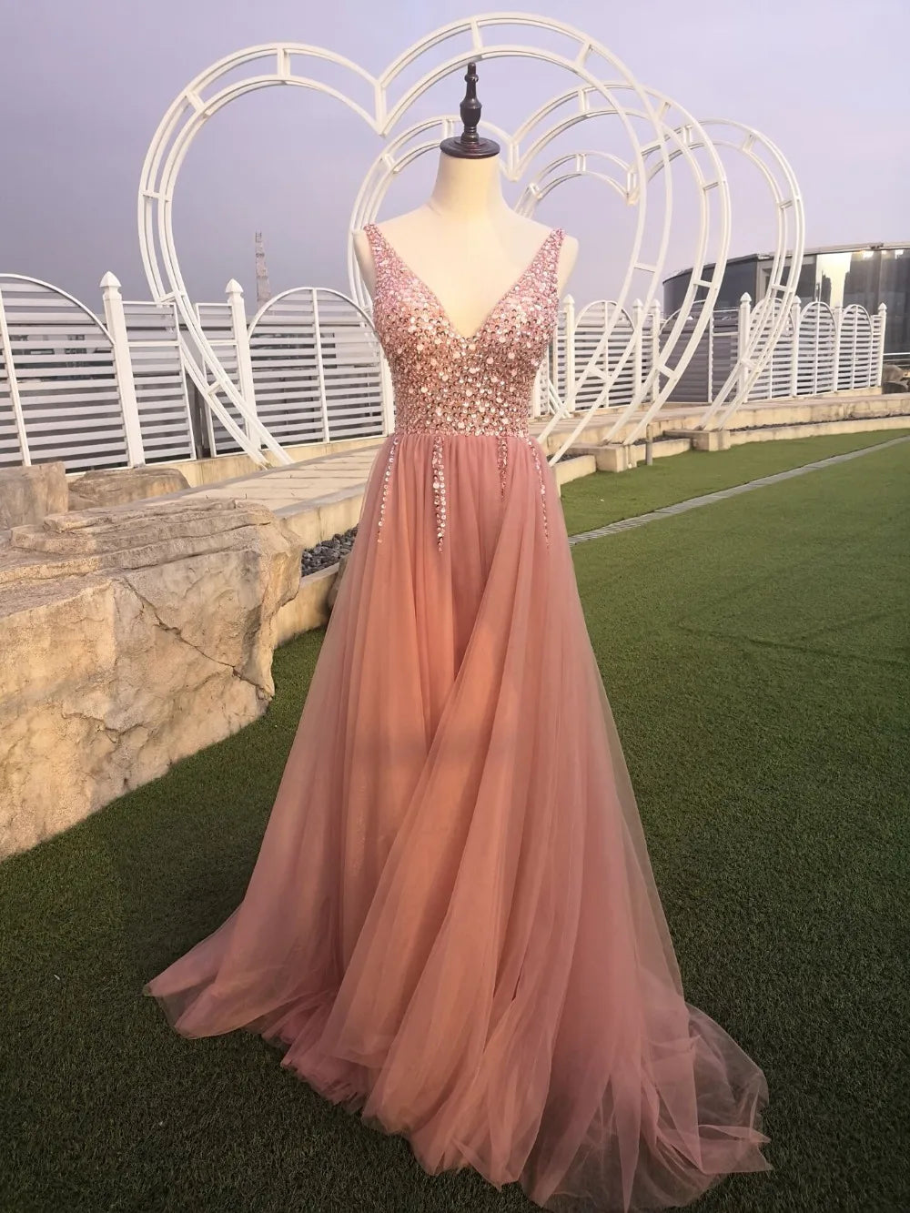 Roycebridal Roycebridal In Stock V Neck Beading Evening Dress Back Lace Up Evening Dress With Slit Evening Gown Long Prom Dress Robe De Soiree