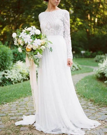 Roycebridal Bohemian Wedding Dresses With Long Sleeves Bateau Lace Top Chiffon Boho Bridal Gown vestido de noiva robe de mariee