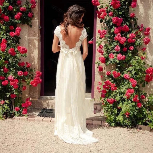 Roycebridal Cap Sleeve Low Back Beaded Beach Wedding Dress robe mariage femme Vestido Noiva Simple White V-neck Bridal Gowns