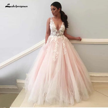 Roycebridal Light Pink Wedding Dresses V Neck 3D Flowers Lace Appliques Pink Brida Dress Formal Pary Gowns Robe De Soiree