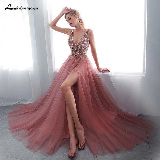 Roycebridal Roycebridal In Stock V Neck Beading Evening Dress Back Lace Up Evening Dress With Slit Evening Gown Long Prom Dress Robe De Soiree