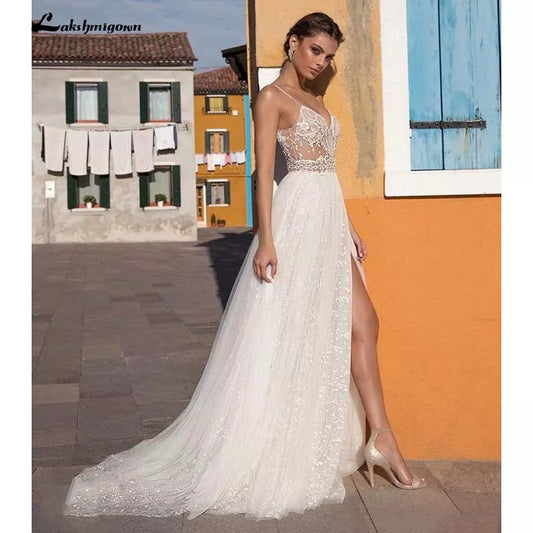 Roycebridal Sexy Illusion Travel Wedding Dress Beach Wedding Gown with Pearls Beading Tulle Sweep Train Arab robe de mariee