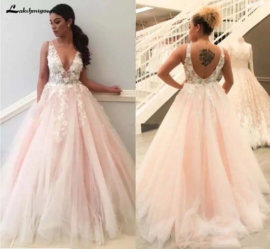 Roycebridal Light Pink Wedding Dresses V Neck 3D Flowers Lace Appliques Pink Brida Dress Formal Pary Gowns Robe De Soiree