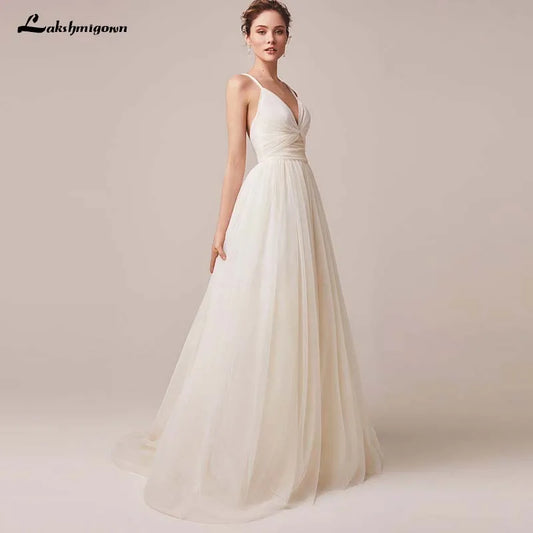 Roycebridal Sexy Spaghetti Straps Tulle Wedding Dress Vestido De Novia Sleeveless V-neck Backless Bride Dresses Robe De Mariage