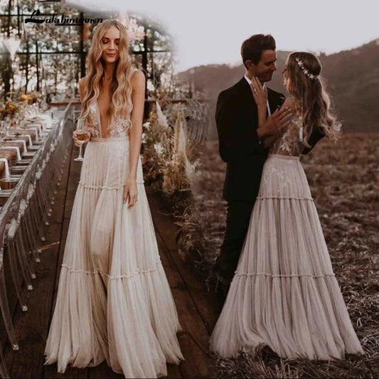 Roycebridal Boho Hippie Wedding Dress  Sleeveless V Neck Chic Styl Whimsical Ruched Skirt Tulle Bridal Gowns Robe de mariee