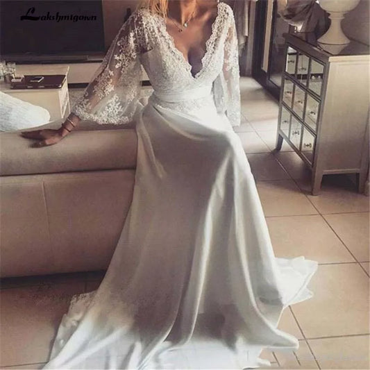 Roycebridal Bohemian Wedding Dresses Illusion Lace Bridal Gown Backless Long Sleeve Deep V Neck Boho Chiffon Plus Size Beach Bridal Dress