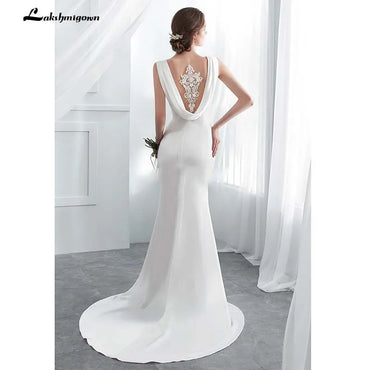 Roycebridal Ivory Elegant Stain Mermaid Wedding Dresses Vestido De Noiva with shawel Sweep/ Brush Train Wedding Gown