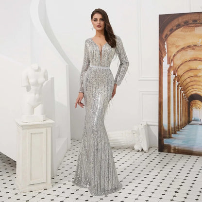 Roycebridal Lakshmigown Luxury Silver Mermaid Sequined Evening Dresses V-Neck Long Sleeves Evening Gown robe de soiree