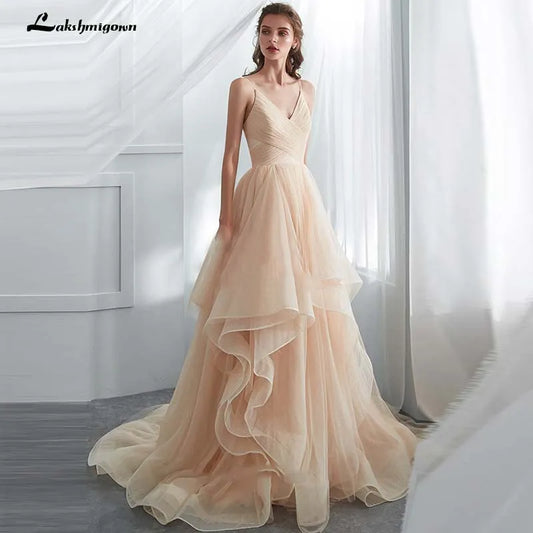 Roycebridal Romantic Spaghetti Straps Champagne Puffy Long Ruffled Soft Tulle Ball Gown Wedding Dress Bridal Dresses Vestido De Noiva