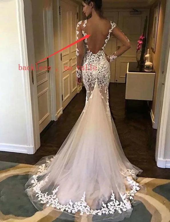 Roycebridal Long Sleeves Lace Mermaid Wedding Dress Scoop Gelinlik Vestido De Noiva Court Train White Long Bride Dresses trouwjurk