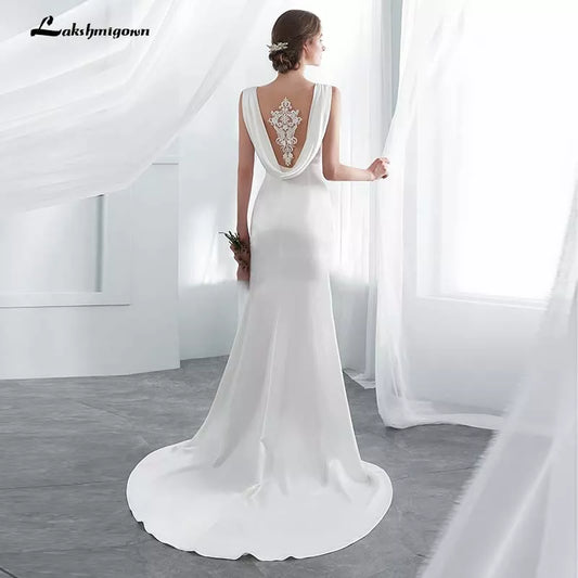 Roycebridal Ivory Elegant Stain Mermaid Wedding Dresses Vestido De Noiva with shawel Sweep/ Brush Train Wedding Gown