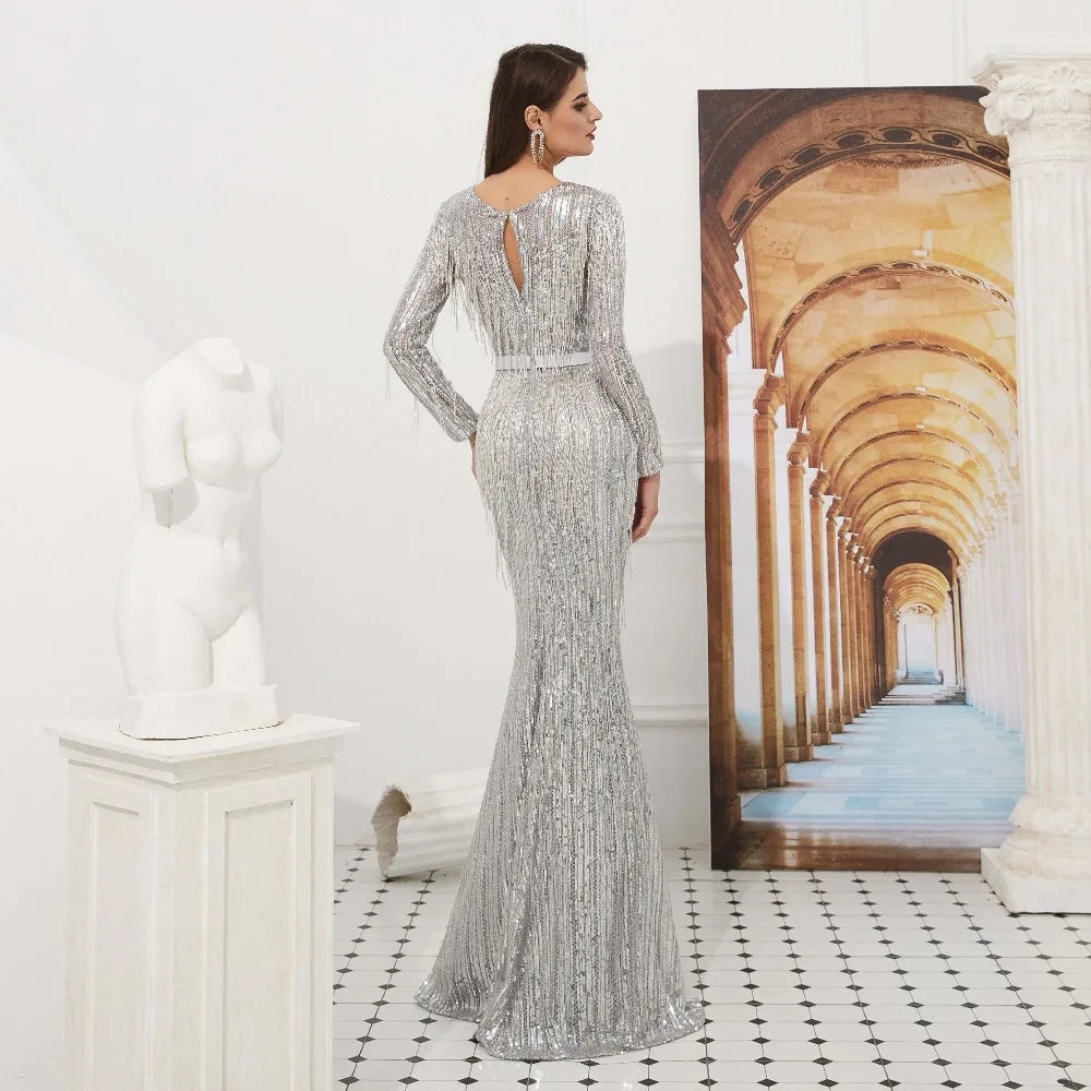 Roycebridal Lakshmigown Luxury Silver Mermaid Sequined Evening Dresses V-Neck Long Sleeves Evening Gown robe de soiree