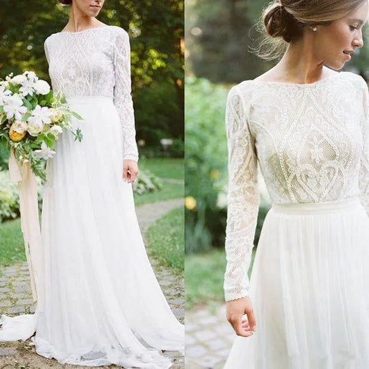 Roycebridal Bohemian Wedding Dresses With Long Sleeves Bateau Lace Top Chiffon Boho Bridal Gown vestido de noiva robe de mariee