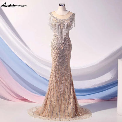 Roycebridal Lakshmigown Luxury Nude Long Mermaid Evening Dress Rhinestones Beading Pageant Dresses Vestido De Festa Party Dress Formal Gown