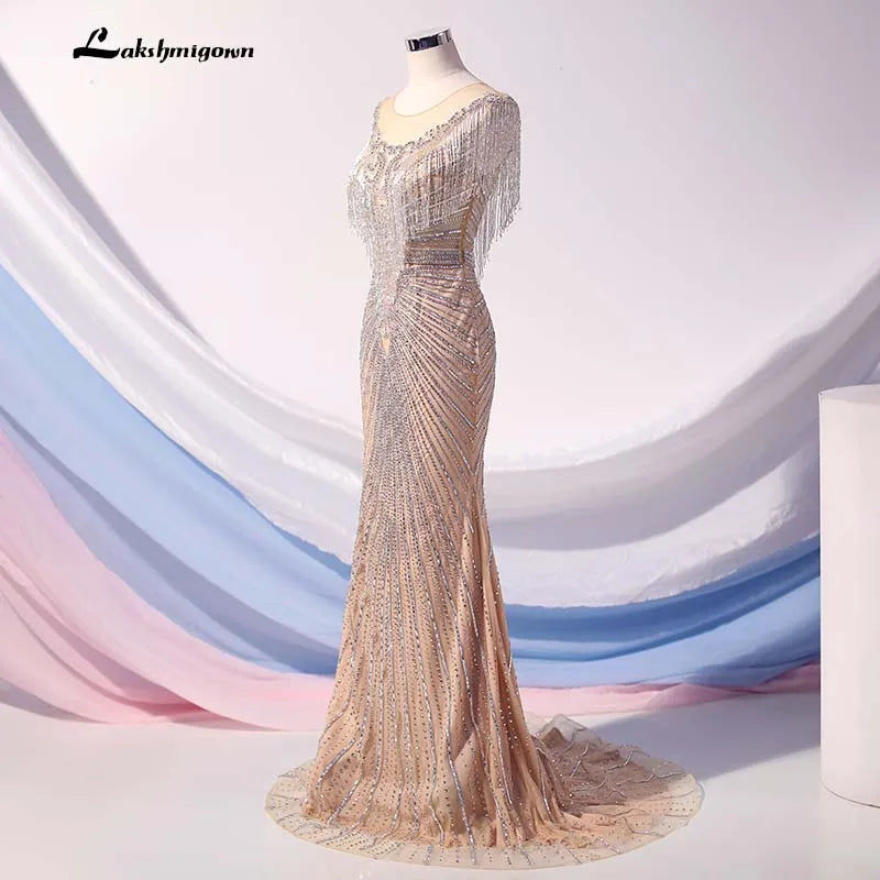 Roycebridal Lakshmigown Luxury Nude Long Mermaid Evening Dress Rhinestones Beading Pageant Dresses Vestido De Festa Party Dress Formal Gown