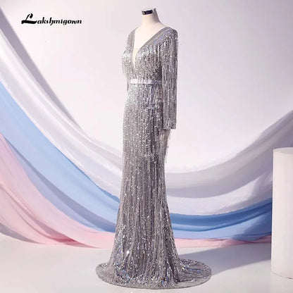 Roycebridal Lakshmigown Luxury Silver Mermaid Sequined Evening Dresses V-Neck Long Sleeves Evening Gown robe de soiree