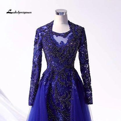 Roycebridal Luxury Navy Blue Latest Design Evening Dresses 2020 Long Sleeves A-Line Sexy Evening Gowns Dubai Sequined Sparkle Evening Dress