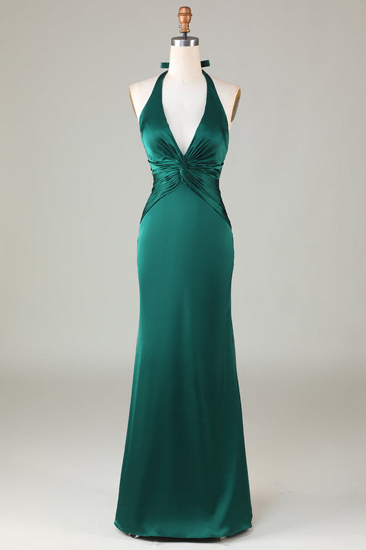 Halter Emerald Green Wedding Guest Dresses Ruched Mermaid Formal Dress