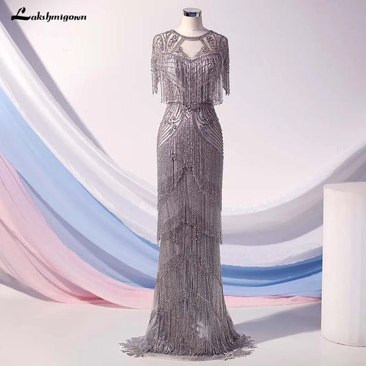 Roycebridal Lakshmigown Couture Luxury Silver Crystals Evening Dresses Long High Neck Cap Sleeve Mermaid Evening Gown Robe De Soiree