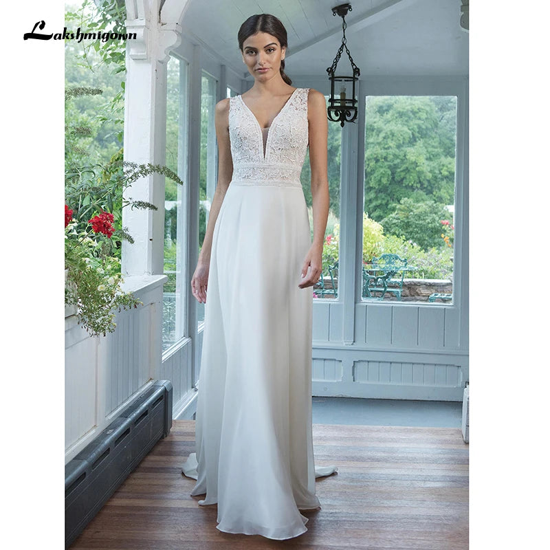 Roycebridal Chiffon Wedding Dresses V-Neck A-line Dress with Full Chiffon Skirt Bruidsjurk Chic Bridal Dresses Lace Bodice