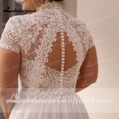 High Collar Short Sleeve Wedding Dresses Tulle Appliques Pearls Covered Button A-Line Bridal Gowns Roycebridal