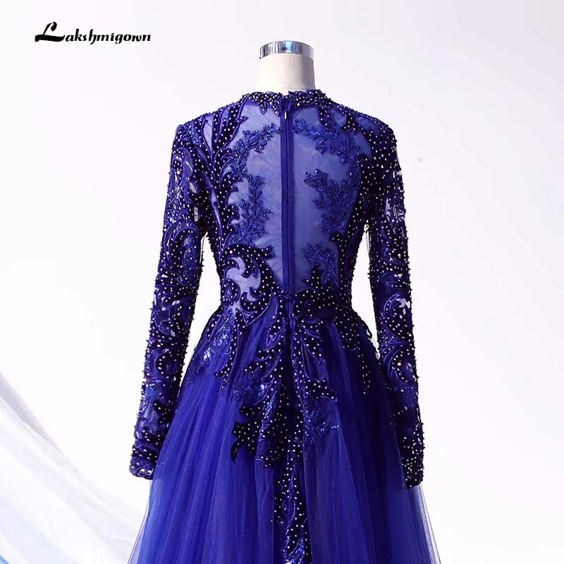 Roycebridal Luxury Navy Blue Latest Design Evening Dresses 2020 Long Sleeves A-Line Sexy Evening Gowns Dubai Sequined Sparkle Evening Dress