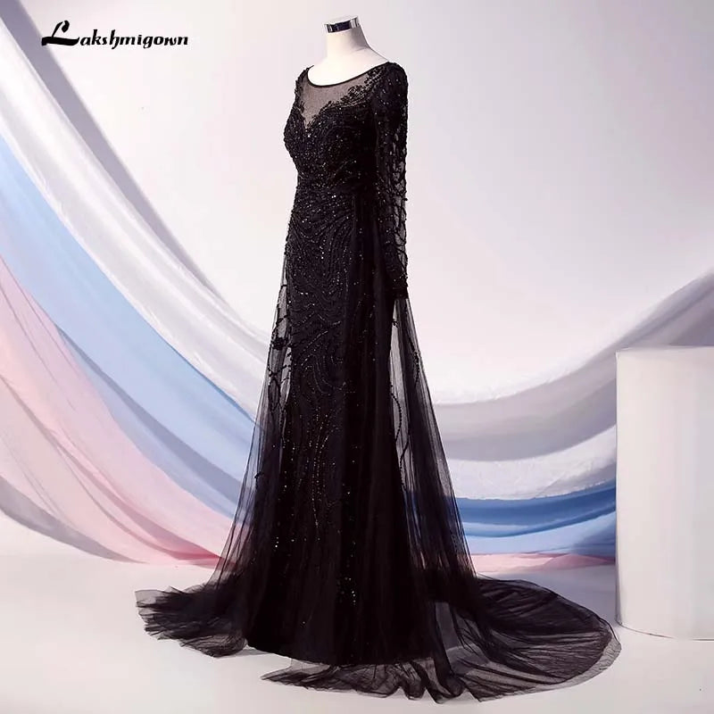 Roycebridal Lakshmigown Elegant Black Long Sleeve Evening Dress O Neck Beaded Tulle Formal Women Evening Gowns Robe De Soiree