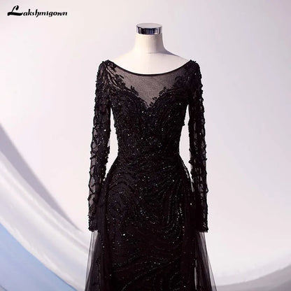 Roycebridal Lakshmigown Elegant Black Long Sleeve Evening Dress O Neck Beaded Tulle Formal Women Evening Gowns Robe De Soiree