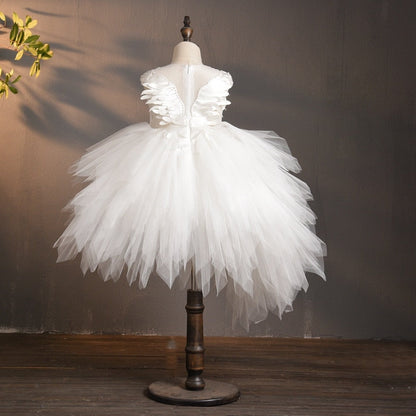 Swan Crystal Asymmetrical Tulle Ball Gown First Holy Communion Flower Girl Dress