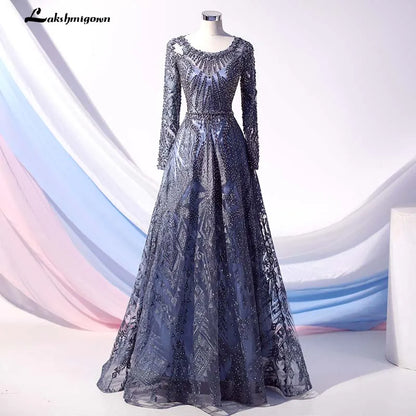 Roycebridal Lakshmigown Dubai Luxury Long Sleeves Evening Dresses Navy Blue O-Neck Crystal Evening Gowns Robe de Soiree