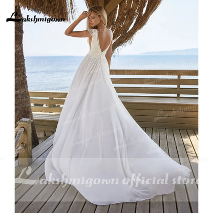 Simple Bohemian Wedding Dress Cap Sleeve V-Neck Floor Length Chiffon A-Line Bridal Gowns With Charming For Women