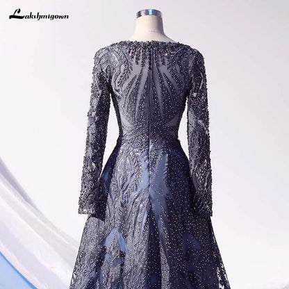 Roycebridal Lakshmigown Dubai Luxury Long Sleeves Evening Dresses Navy Blue O-Neck Crystal Evening Gowns Robe de Soiree