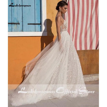 Roycebridal Sexy Illusion Travel Wedding Dress Beach Wedding Gown with Pearls Beading Tulle Sweep Train Arab robe de mariee