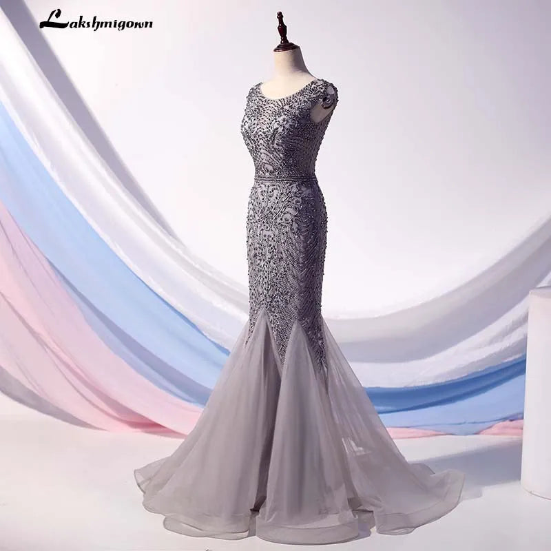 Roycebridal Lakshmigown Luxury Grey Crystals Evening Dress Long Mermaid Beaded Cap Sleeve Evening Gown Formal Party Dress Vestido Gala Largo