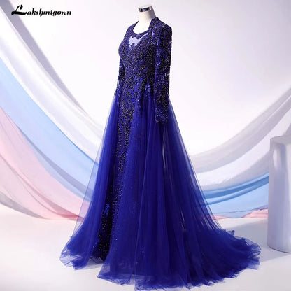 Roycebridal Luxury Navy Blue Latest Design Evening Dresses 2020 Long Sleeves A-Line Sexy Evening Gowns Dubai Sequined Sparkle Evening Dress