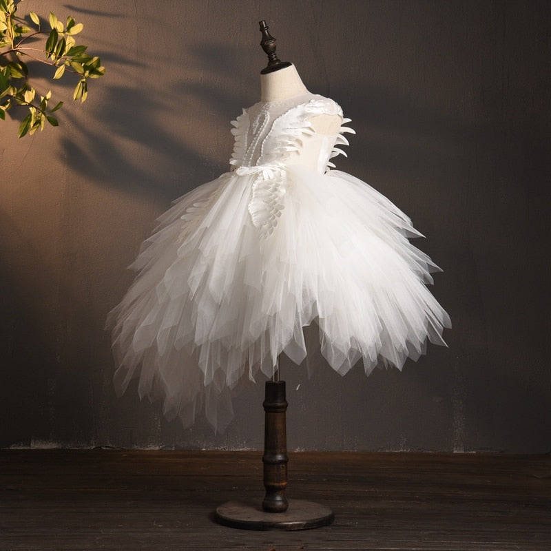 Swan Crystal Asymmetrical Tulle Ball Gown First Holy Communion Flower Girl Dress