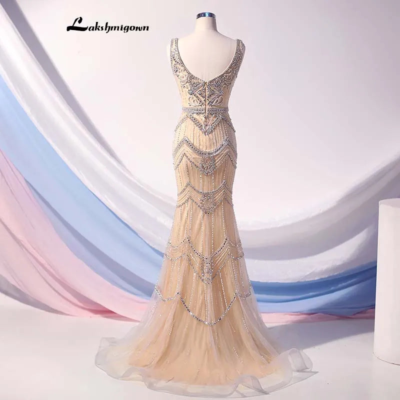 Roycebridal Elegant V Neck Crystal Beaded Evening Dresses with cape 2020 Long Mermaid Formal Evening Gown Backless Gold Vestido De Festa